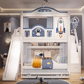 Front view of the space-themed bunk bed featuring a slide, pull-out storage, and astronaut-inspired design, ideal for imaginative play and functionality
